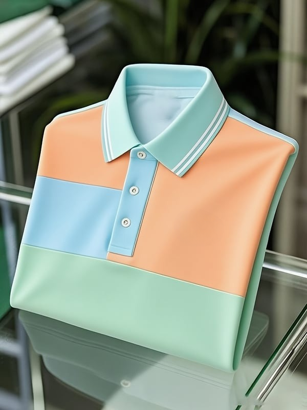 Men's Classic Business Colorblock Logo Button Short Sleeve Polo Shirt