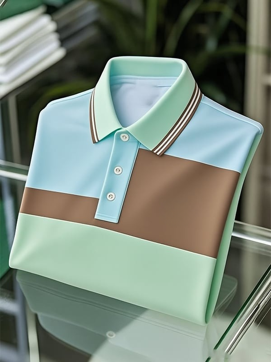 Men's Classic Business Colorblock Logo Button Short Sleeve Polo Shirt