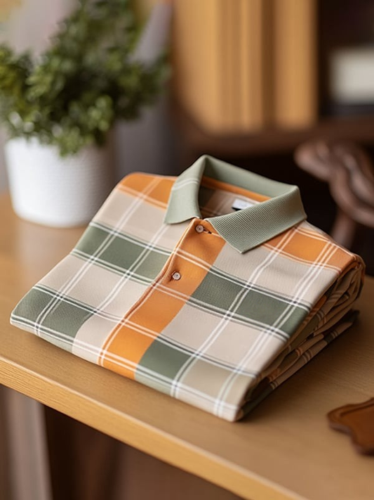 Men's Classic Business Check Logo Button Short Sleeve Polo Shirt