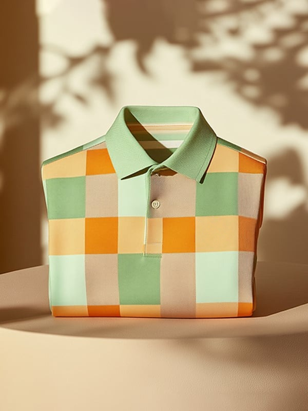 Men's Classic Business Checkerboard Logo Button Short Sleeve Polo Shirt