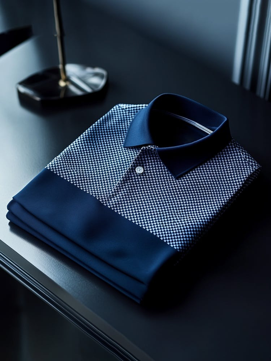 Men's Classic Business Check Logo Button Short Sleeve Polo Shirt