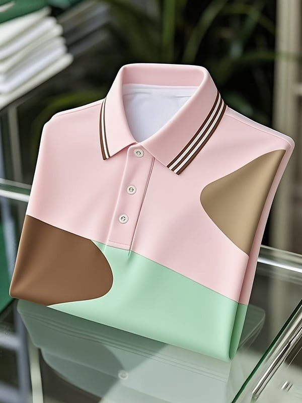 Men's Classic Business Colorblock Logo Button Short Sleeve Polo Shirt