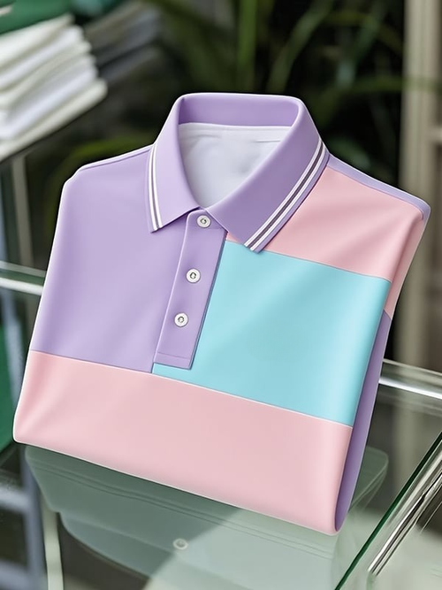 Men's Classic Business Colorblock Logo Button Short Sleeve Polo Shirt