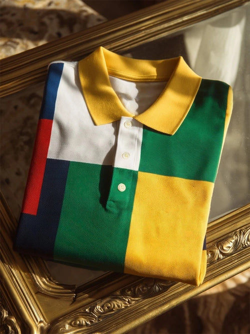 Men's Business Casual Mondrian Art Button Short Sleeve Polo Shirt