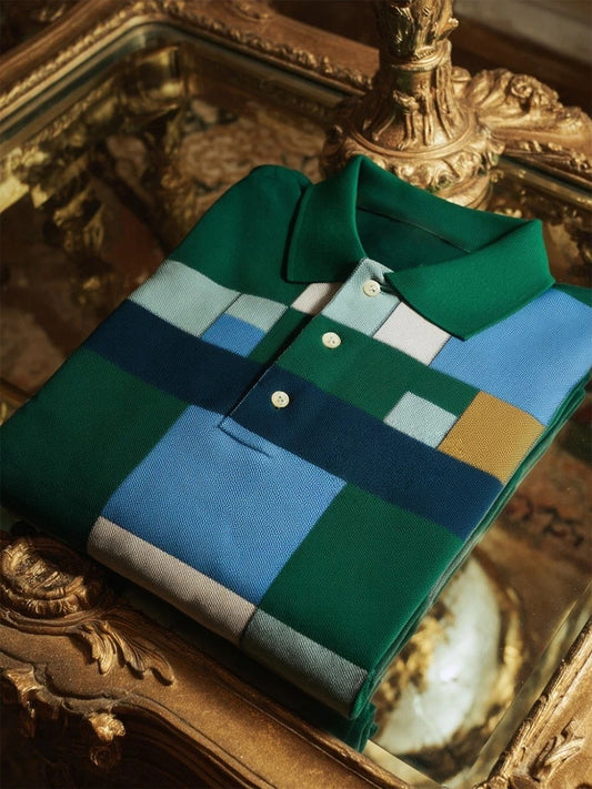 Men's Business Casual Mondrian Art Button Short Sleeve Polo Shirt