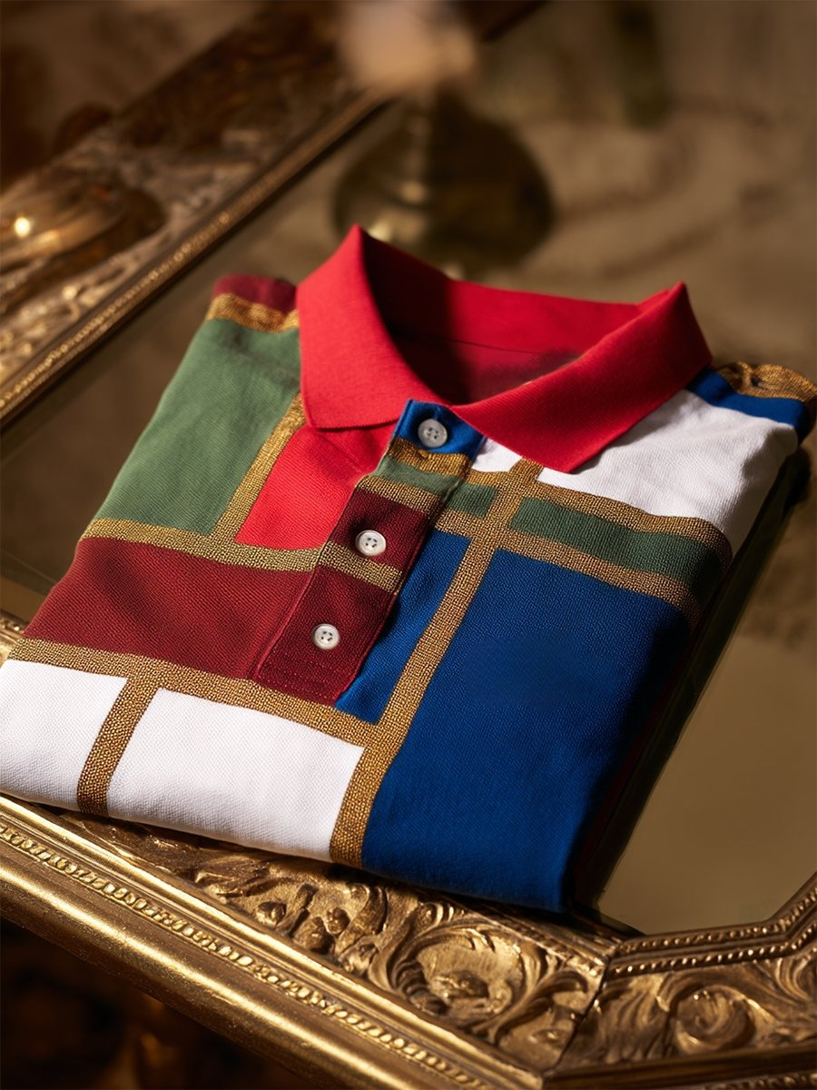 Men's Business Casual Mondrian Art Button Short Sleeve Polo Shirt