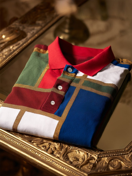 Men's Business Casual Mondrian Art Button Short Sleeve Polo Shirt