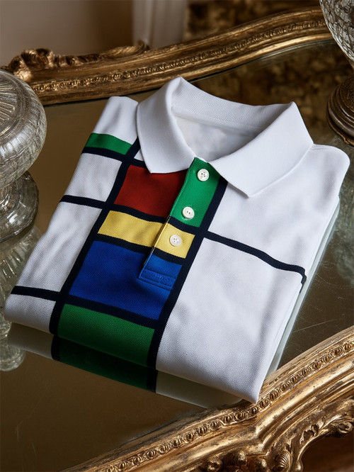 Men's Business Casual Mondrian Art Button Short Sleeve Polo Shirt