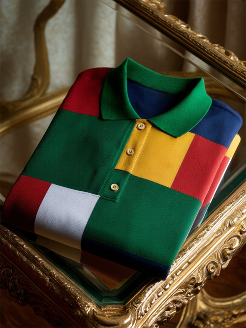 Men's Business Casual Mondrian Art Button Short Sleeve Polo Shirt