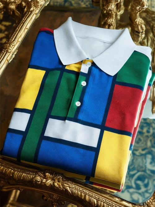 Men's Business Casual Mondrian Art Button Short Sleeve Polo Shirt