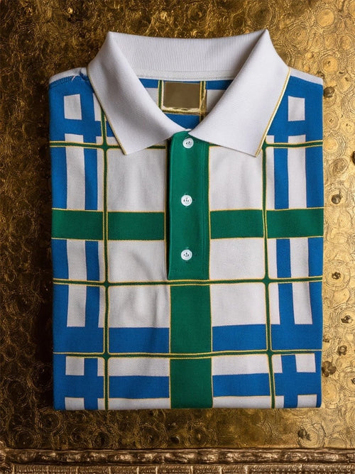 Men's Business Casual Mondrian Art Button Short Sleeve Polo Shirt