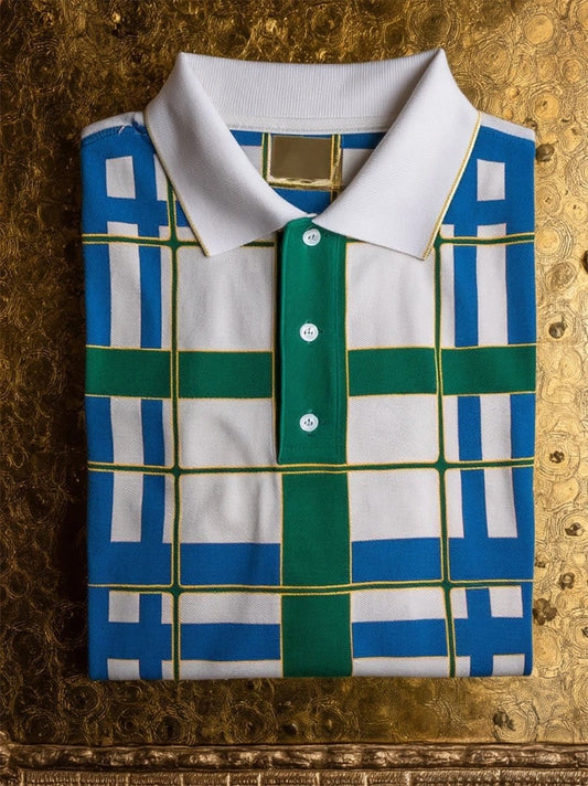 Men's Business Casual Mondrian Art Button Short Sleeve Polo Shirt