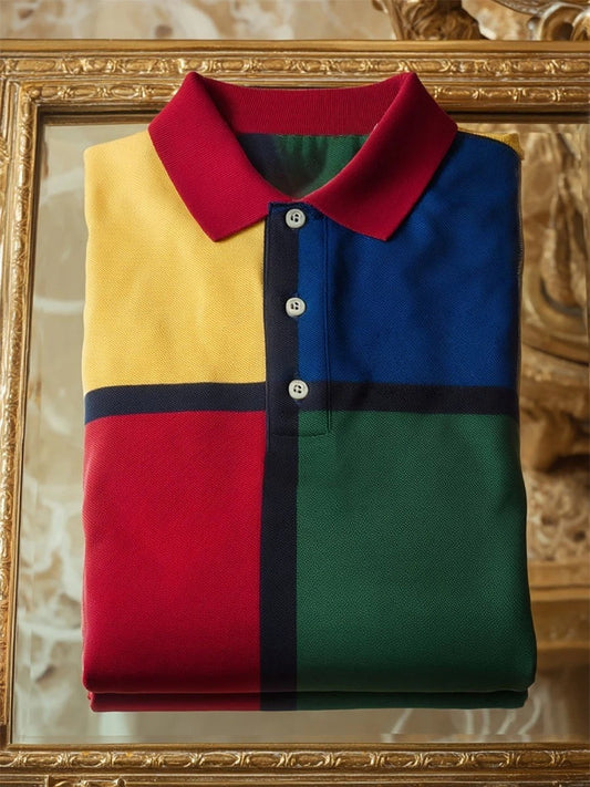 Men's Business Casual Mondrian Art Button Short Sleeve Polo Shirt