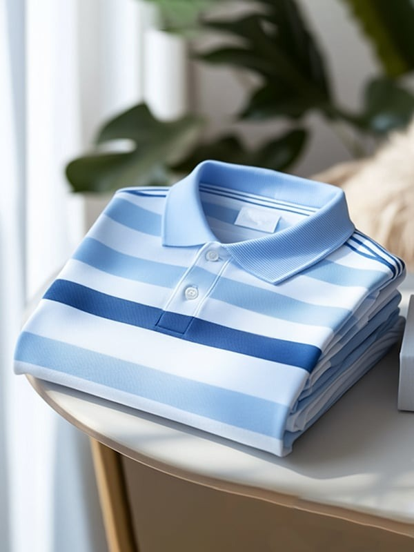 Men's Classic Blue and White Striped Logo Button Short Sleeve Polo Shirt