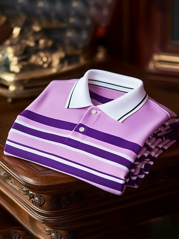 Men's Classic Stripe Business Logo Button Short Sleeve Polo Shirt