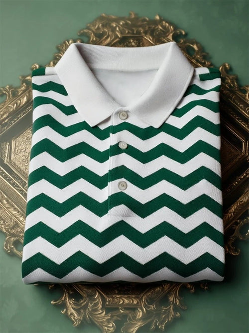 Men's Business Casual Chevron Stripe Button-Down Short Sleeve Polo Shirt
