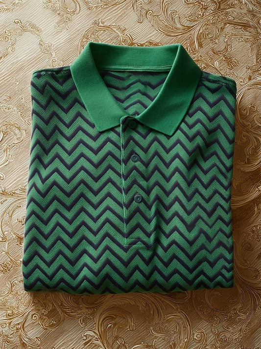 Men's Business Casual Chevron Stripe Button-Down Short Sleeve Polo Shirt