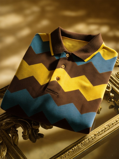 Men's Business Casual Chevron Stripe Button-Down Short Sleeve Polo Shirt