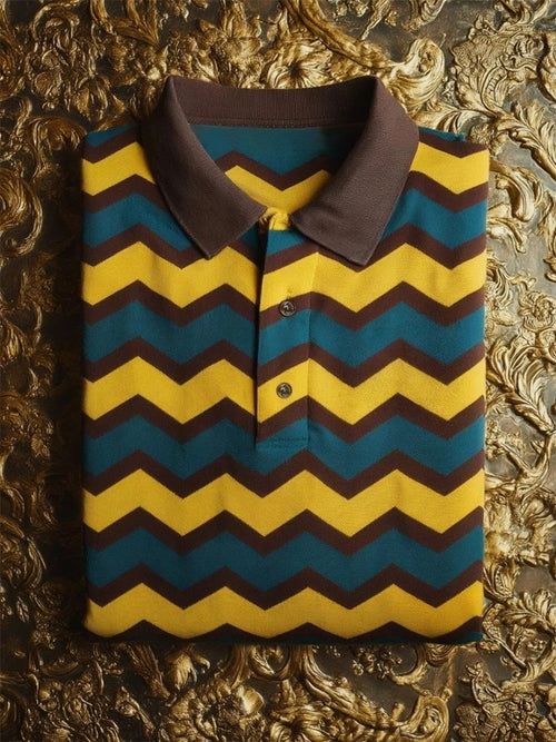 Men's Business Casual Chevron Stripe Button-Down Short Sleeve Polo Shirt