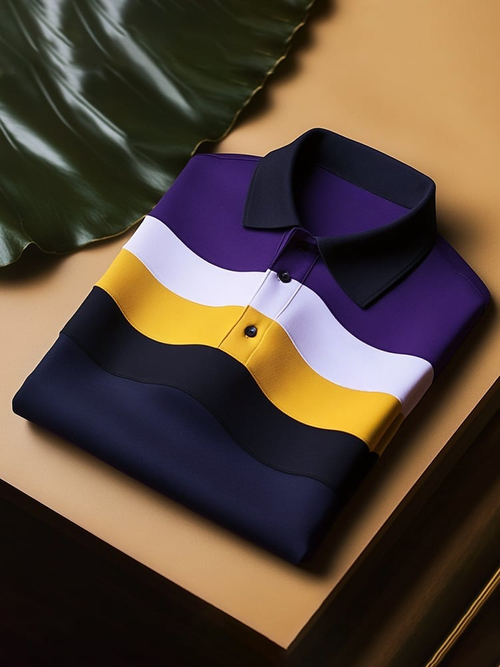Men's Classic Business Check Logo Button Short Sleeve Polo Shirt