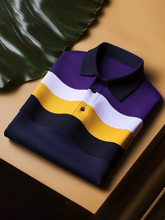 Men's Classic Business Check Logo Button Short Sleeve Polo Shirt