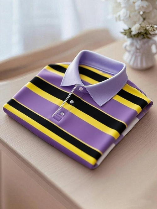 Men's Business Casual Purple, Black and Yellow Striped Button Short Sleeve Polo Shirt