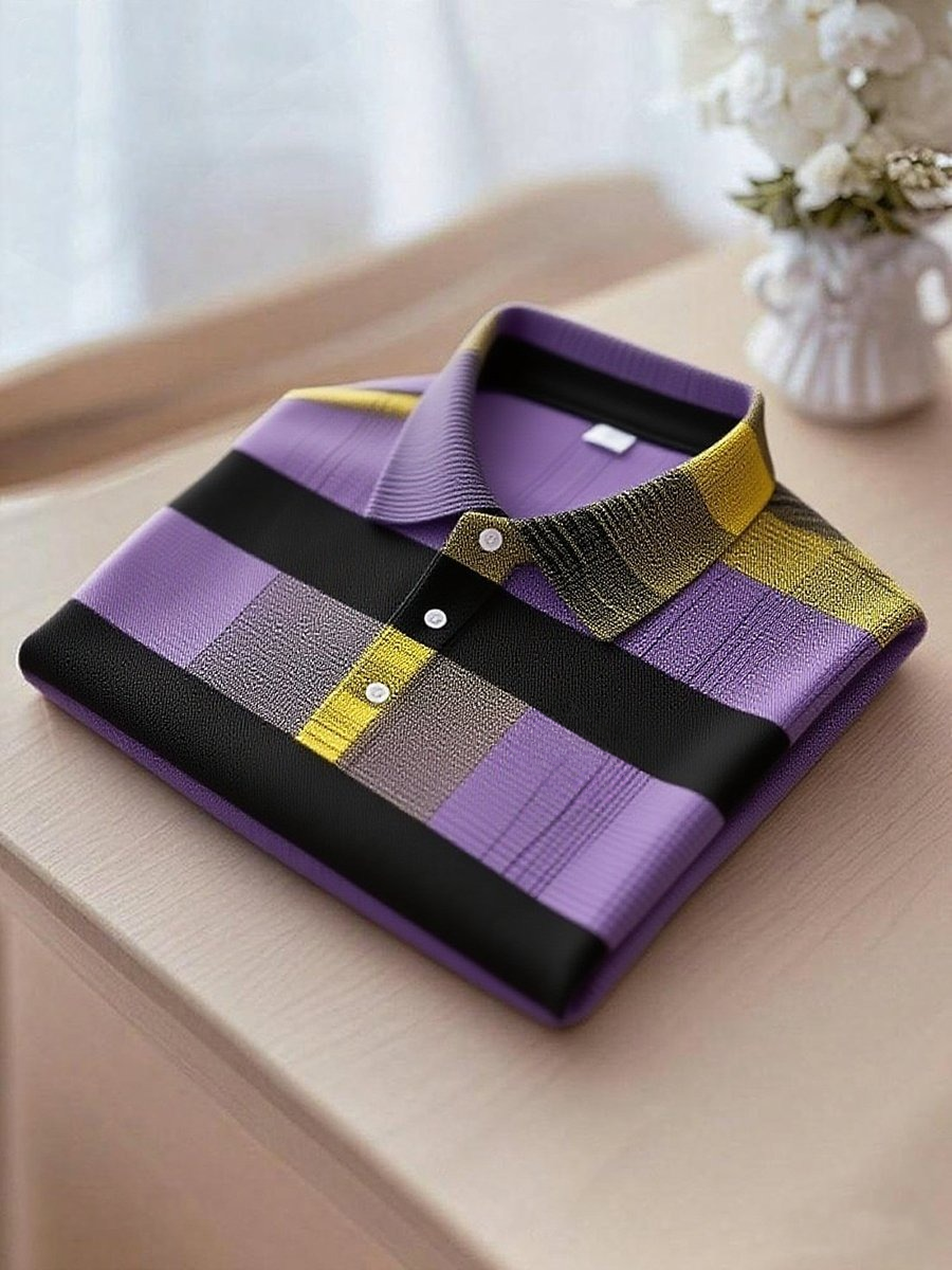 Men's Business Casual Purple, Black and Yellow Plaid Button Short Sleeve Polo Shirt