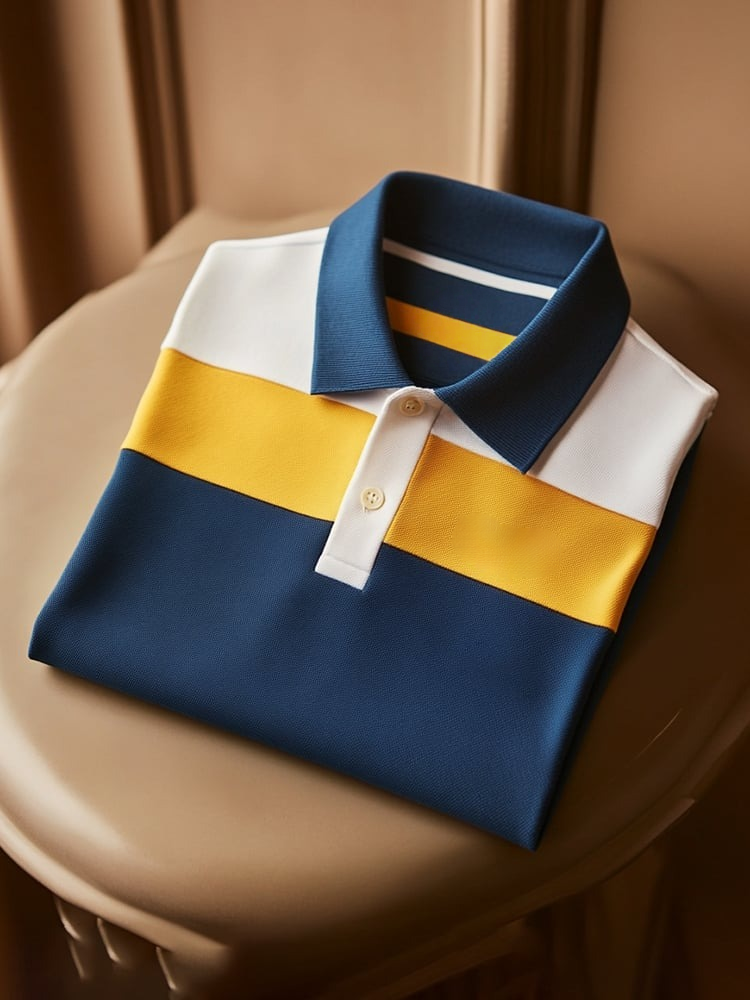 Men's Classic Business Check Logo Button Short Sleeve Polo Shirt