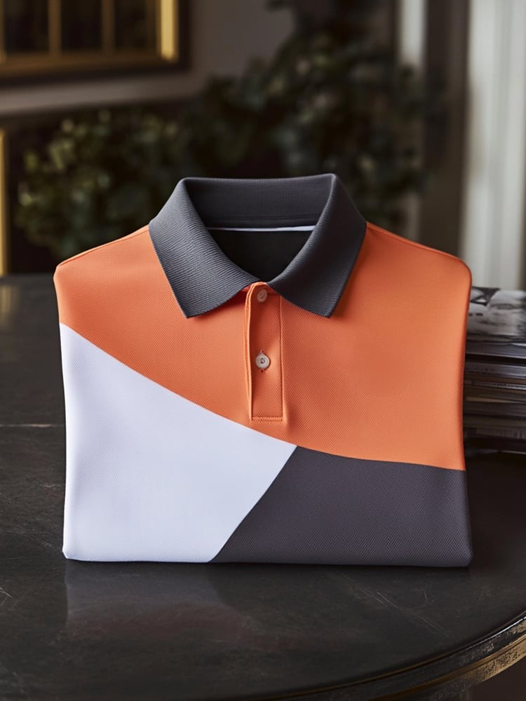 Men's Classic Business Check Logo Button Short Sleeve Polo Shirt