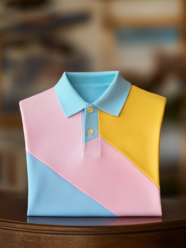 Men's Classic Business Check Logo Button Short Sleeve Polo Shirt