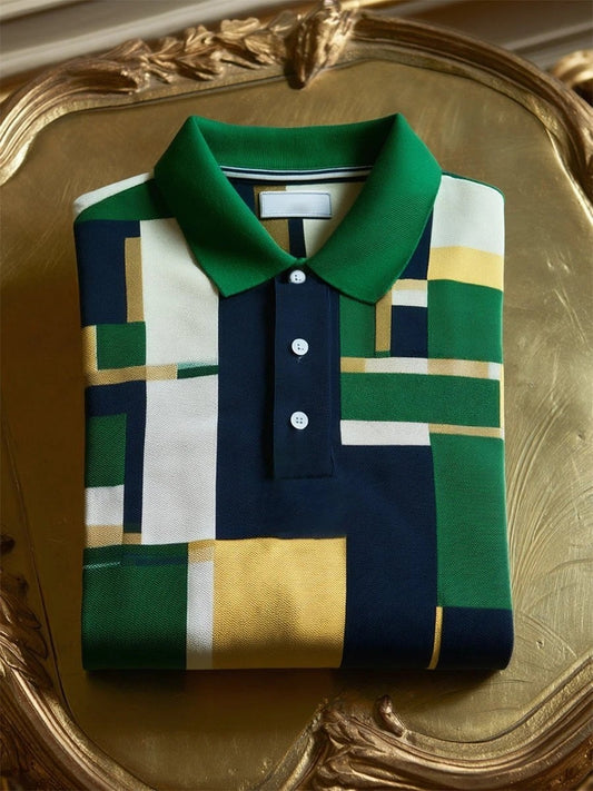 Men's Business Casual Mondrian Art Button Short Sleeve Polo Shirt