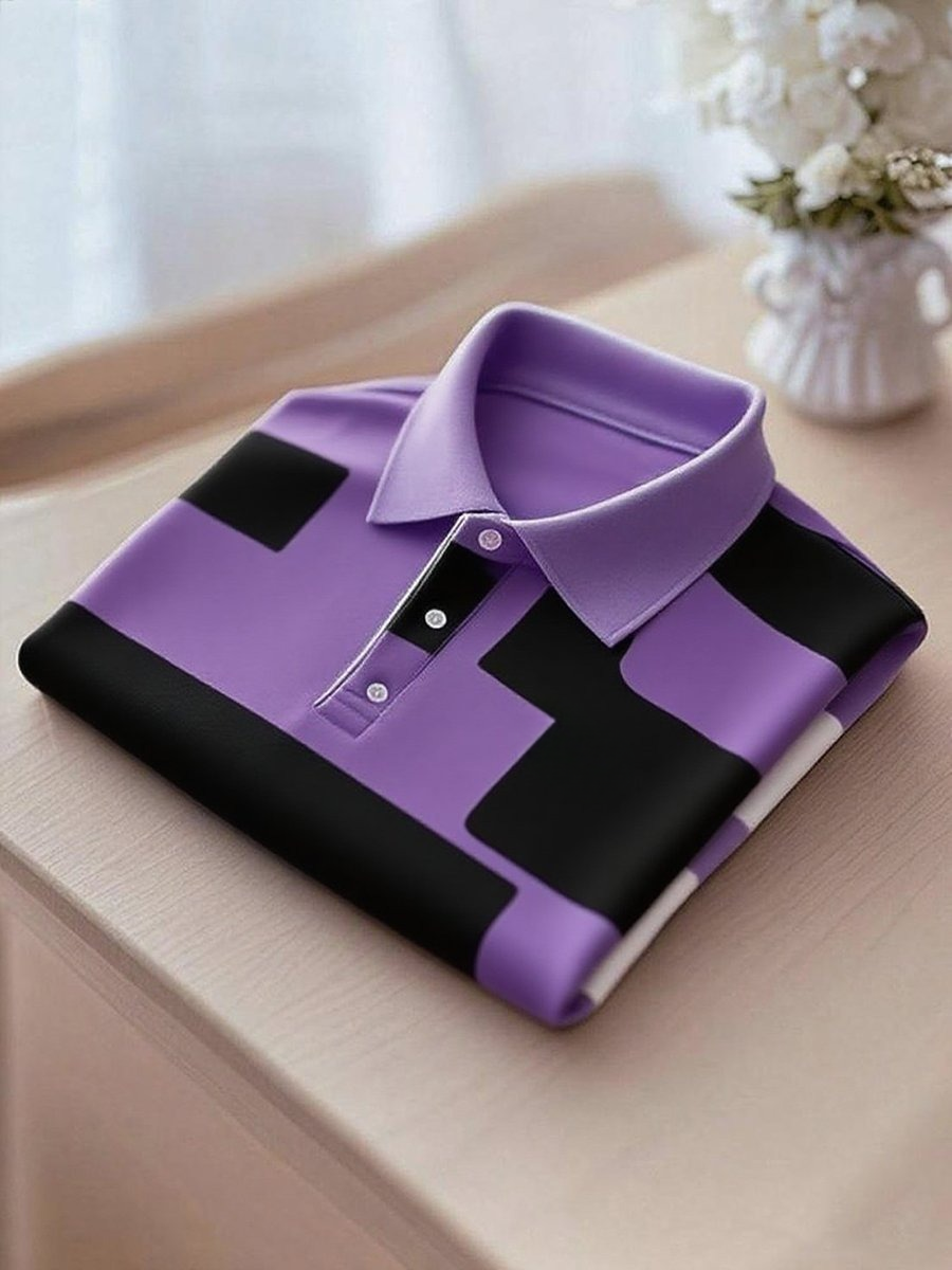 Men's Business Casual Purple and Black Button Short Sleeve Polo Shirt