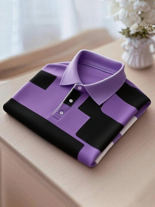 Men's Business Casual Purple and Black Button Short Sleeve Polo Shirt
