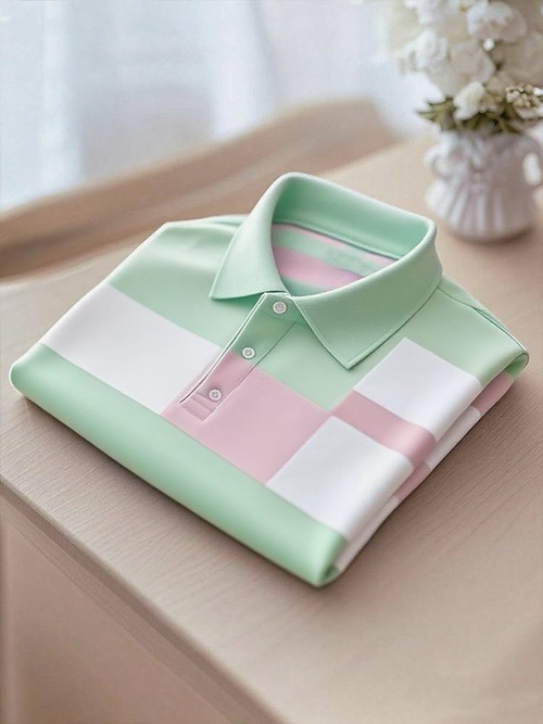 Men's Business Casual Green and Pink Button Short Sleeve Polo Shirt