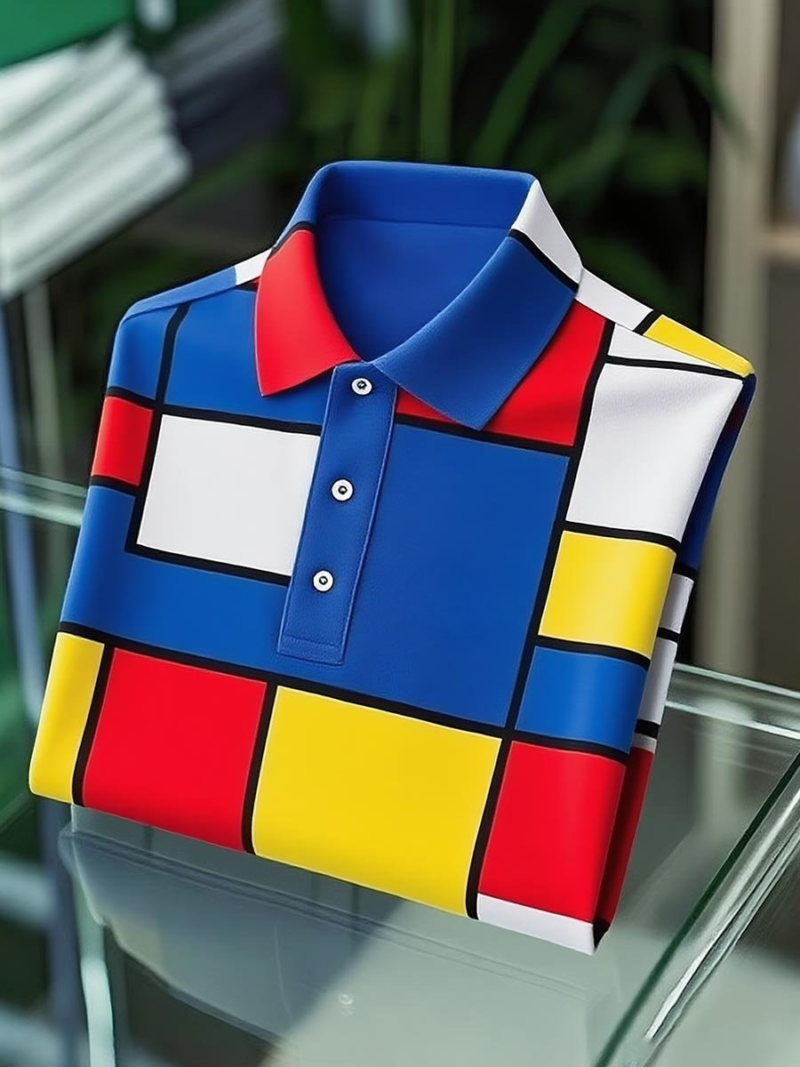 Men's Classic Business Mondrian Button-Down Short Sleeve Polo Shirt