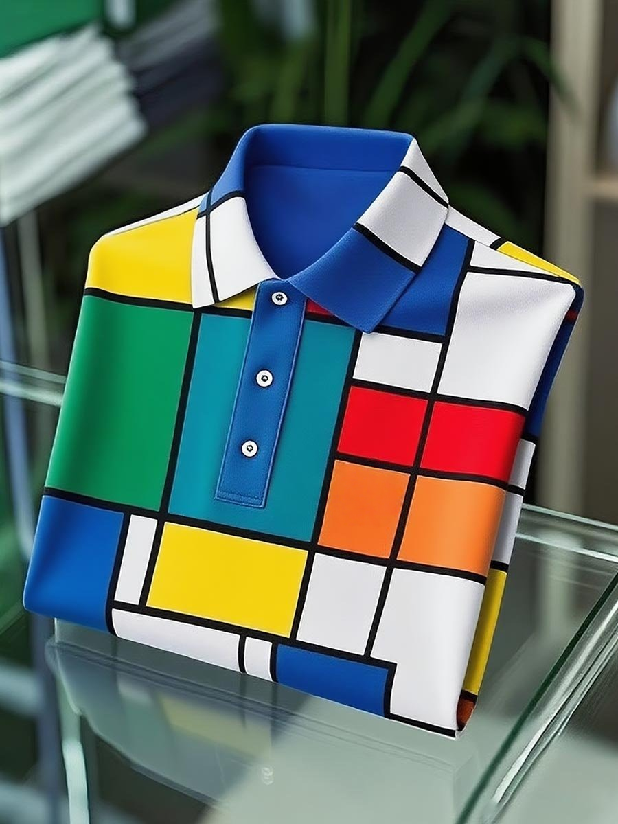 Men's Classic Business Mondrian Button-Down Short Sleeve Polo Shirt
