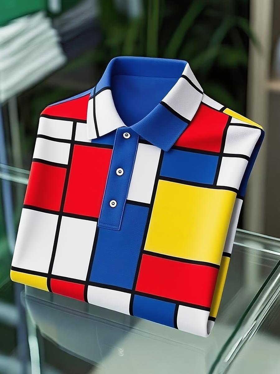 Men's Classic Business Mondrian Button-Down Short Sleeve Polo Shirt