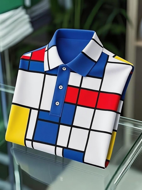 Men's Classic Business Mondrian Button-Down Short Sleeve Polo Shirt