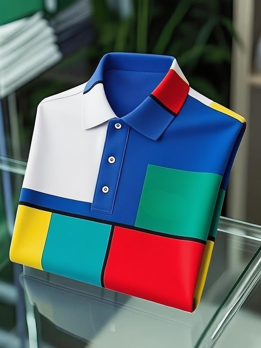Men's Classic Business Mondrian Button-Down Short Sleeve Polo Shirt