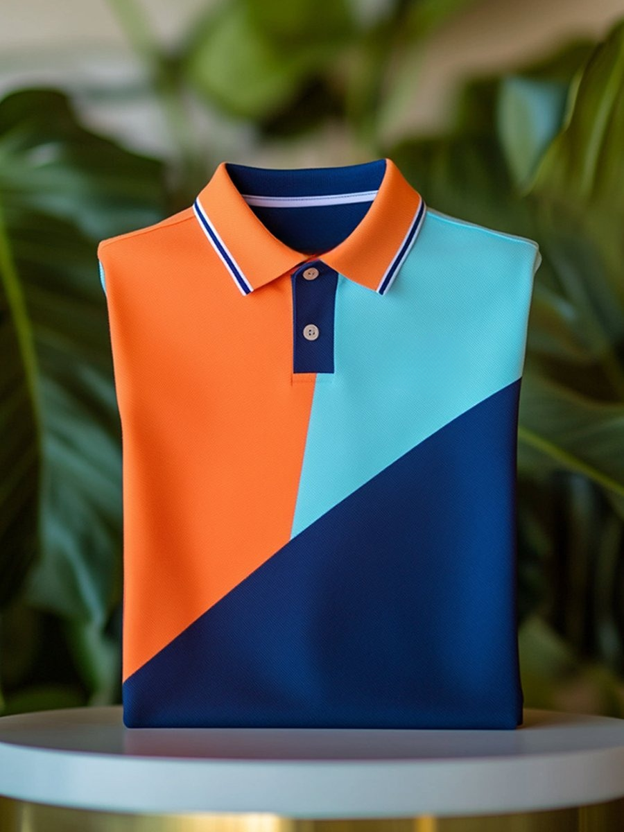 Men's Classic Business Contrast Logo Button Short Sleeve Polo Shirt
