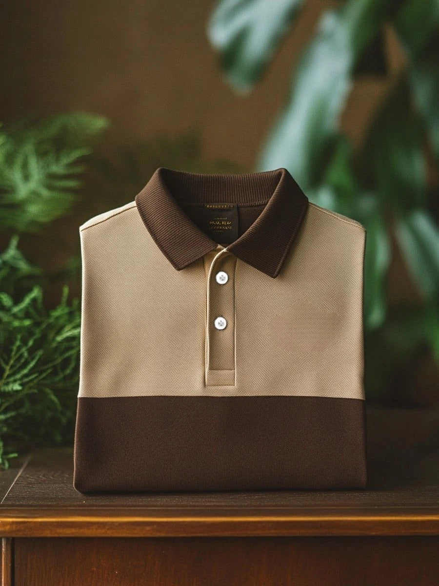 Men's Business Casual Khaki Brown Button Short Sleeve Polo Shirt