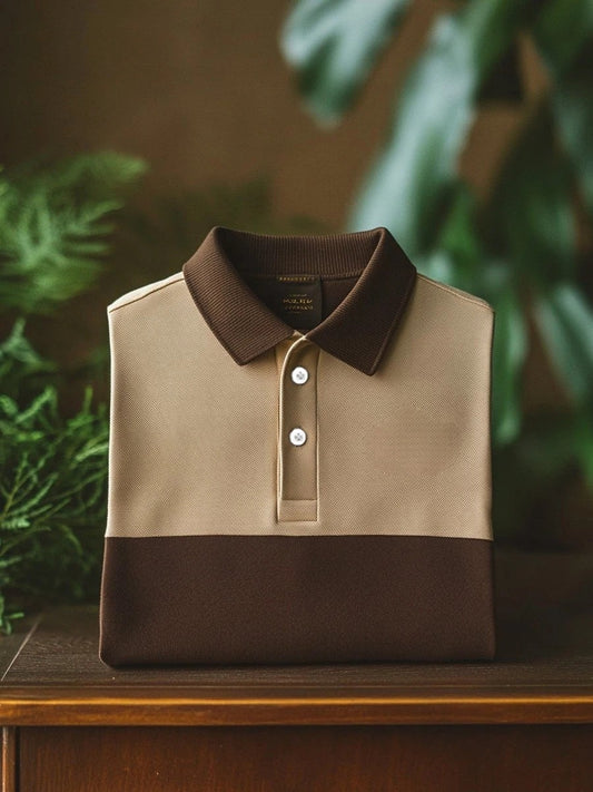Men's Business Casual Khaki Brown Button Short Sleeve Polo Shirt