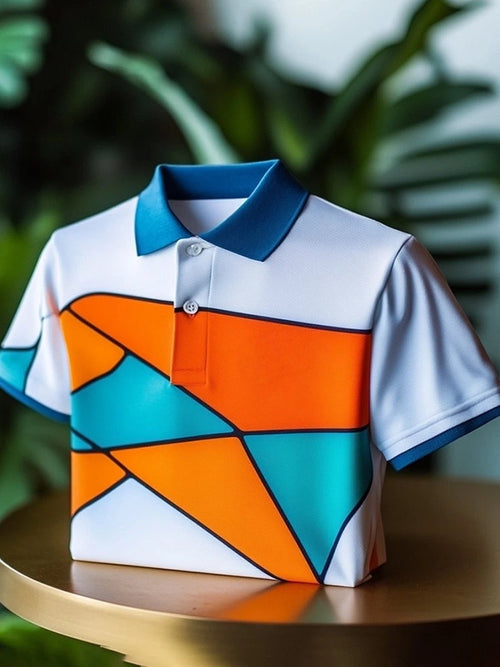 Men's Classic Business Colorblock Logo Button Short Sleeve Polo Shirt