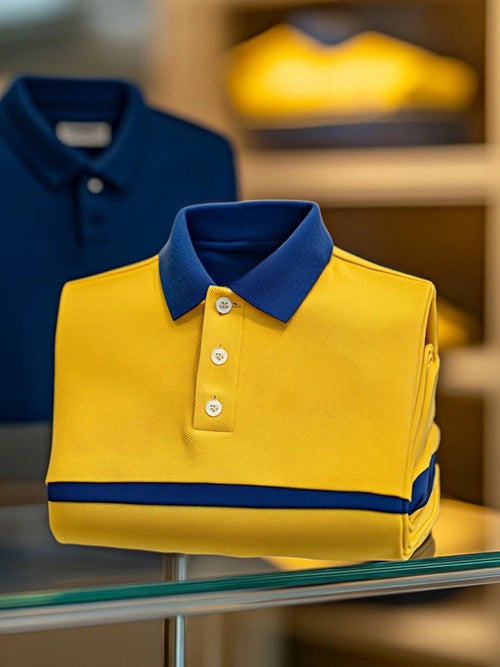 Men's Business Casual Yellow and Blue Contrast Button Short Sleeve Polo Shirt