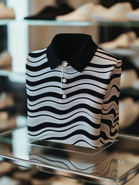 Men's Business Casual Black and White Wave Button Short Sleeve Polo Shirt