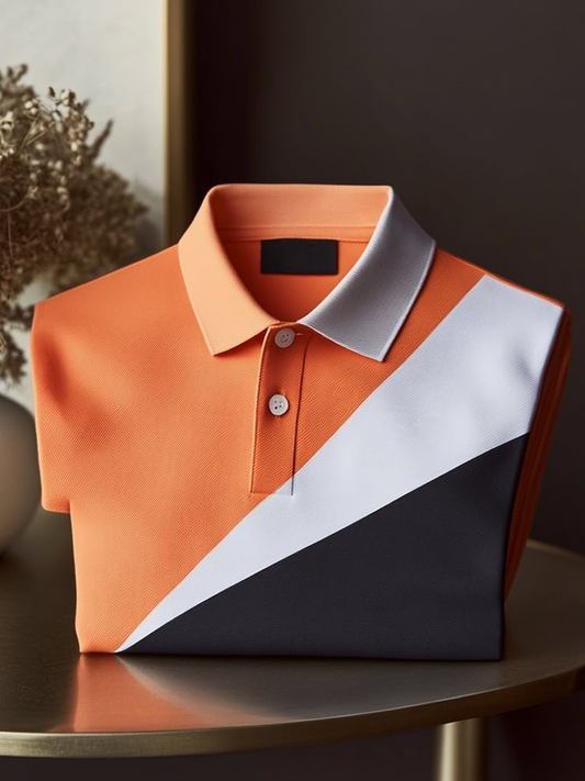 Men's Classic Business Check Logo Button Short Sleeve Polo Shirt