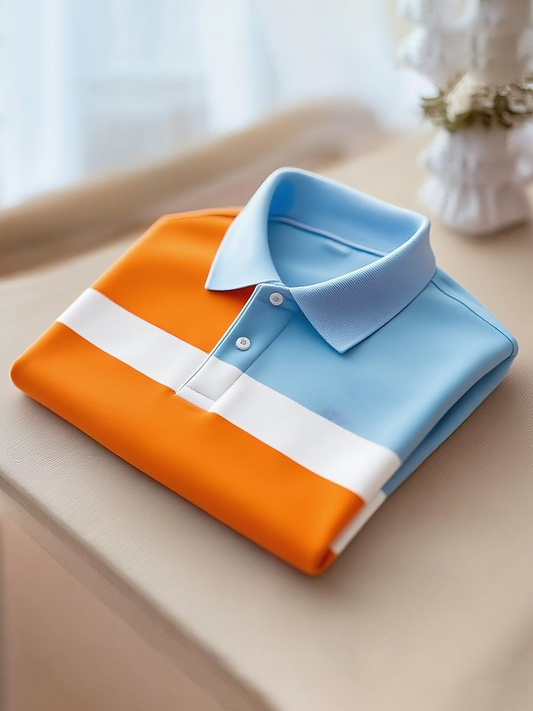 Men's Classic Business Stripe Logo Button Short Sleeve Polo Shirt