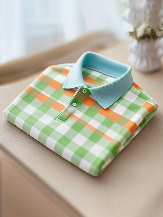 Men's Classic Business Stripe Logo Button Short Sleeve Polo Shirt