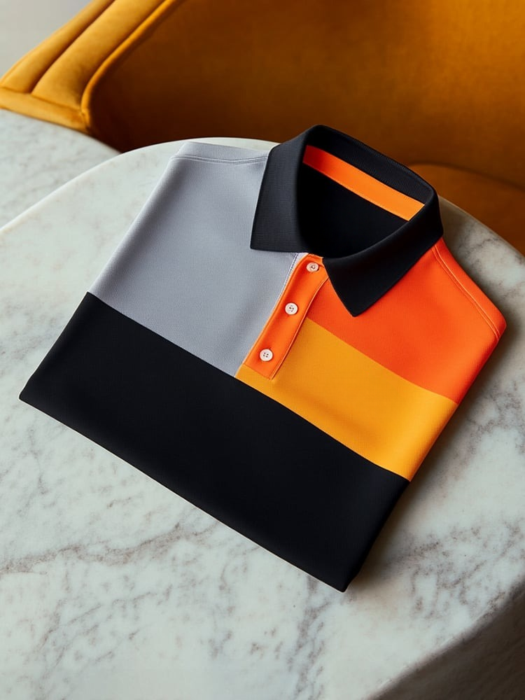 Men's Classic Business Check Logo Button Short Sleeve Polo Shirt