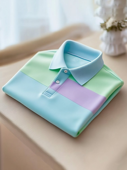 Men's Classic Business Stripe Logo Button Short Sleeve Polo Shirt